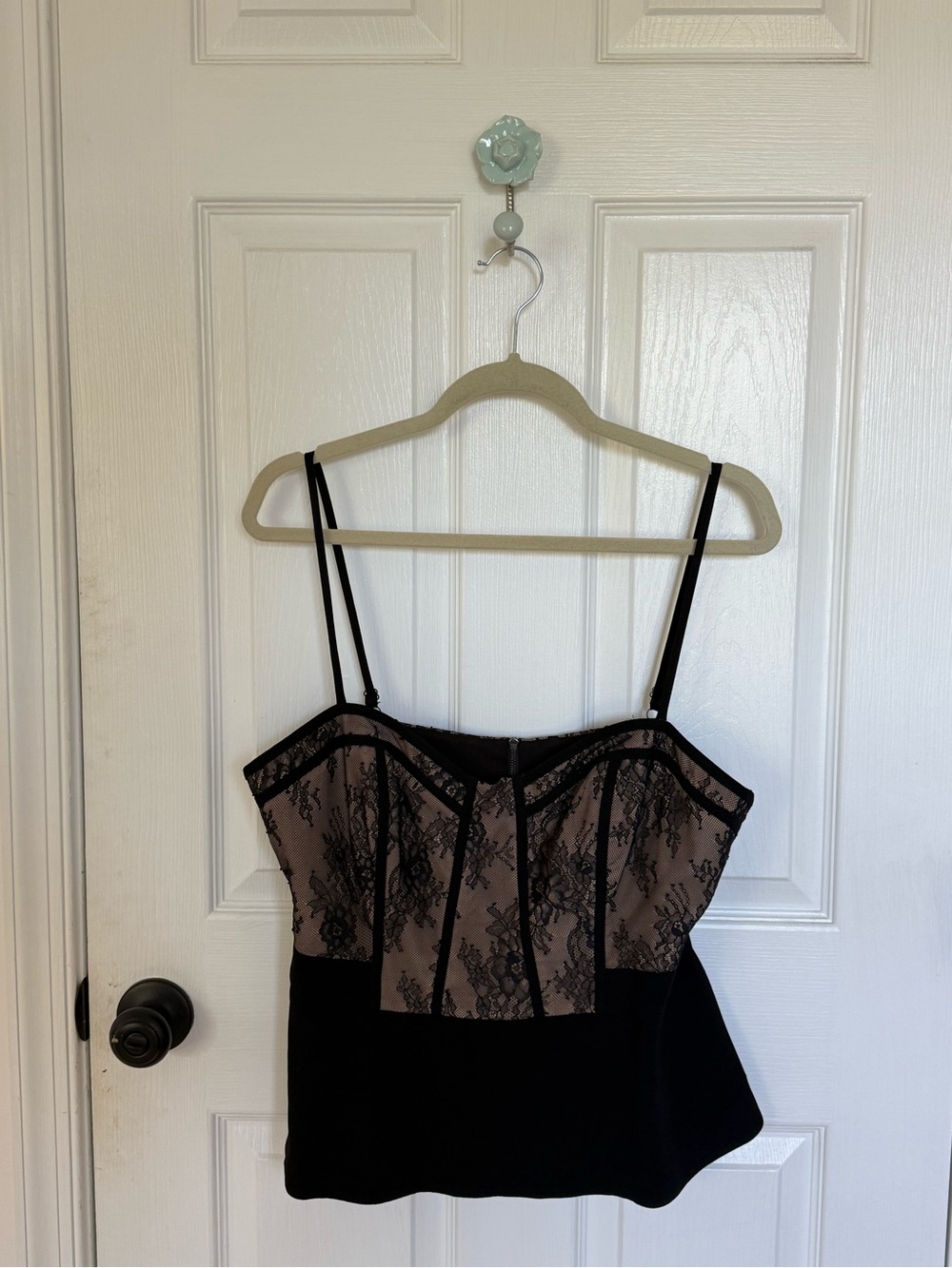 BCBGeneration Lace-Panel Bustier Cami Top in Black and Nude